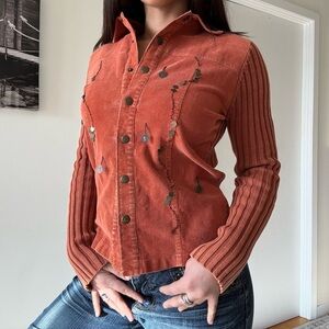 90s Burnt Orange Velvet Jacket with Knit Sleeves Preppy Grunge Fitted Jacket